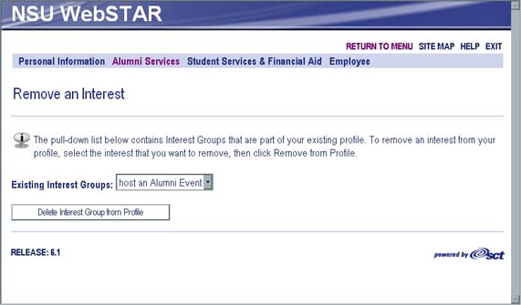 WebSTAR for Alumni Remove an Interest screen